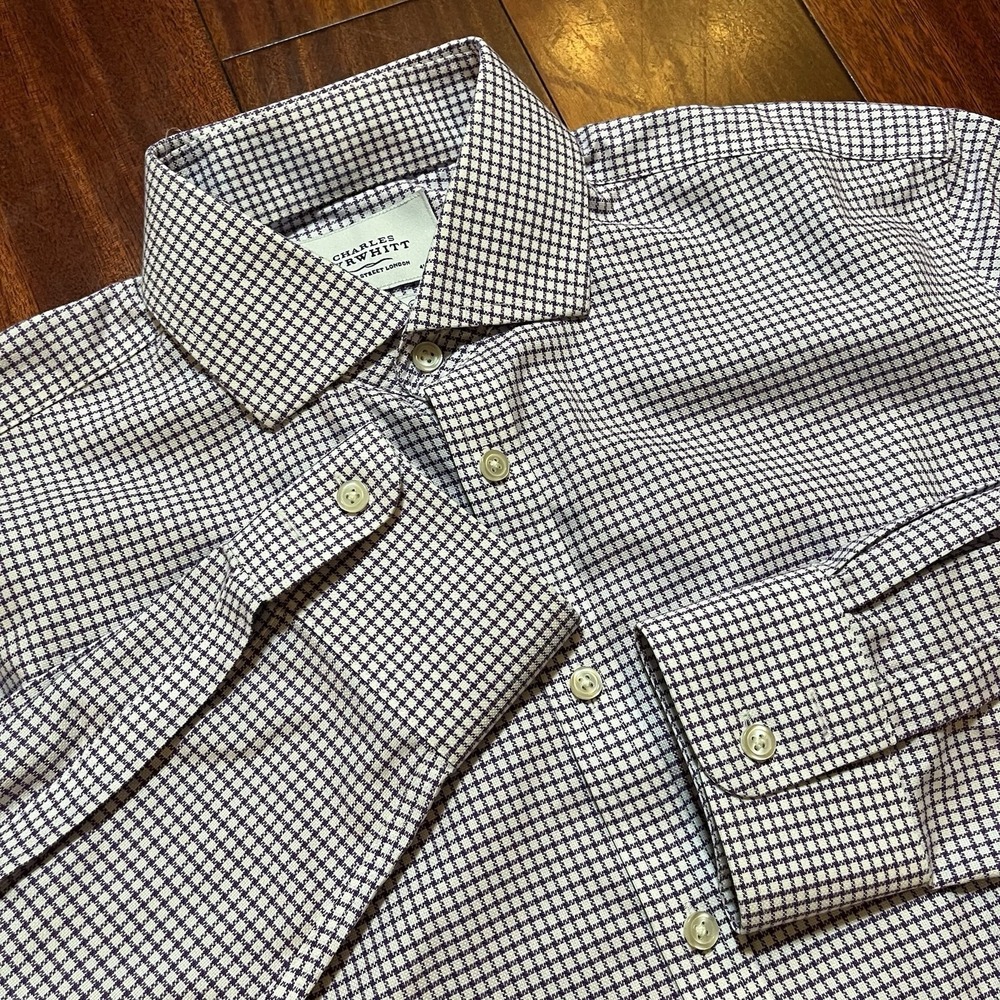 Charles Tyrwhitt Shirt Men 16 34 Purple White Gingham Check Non Iron Extra Slim